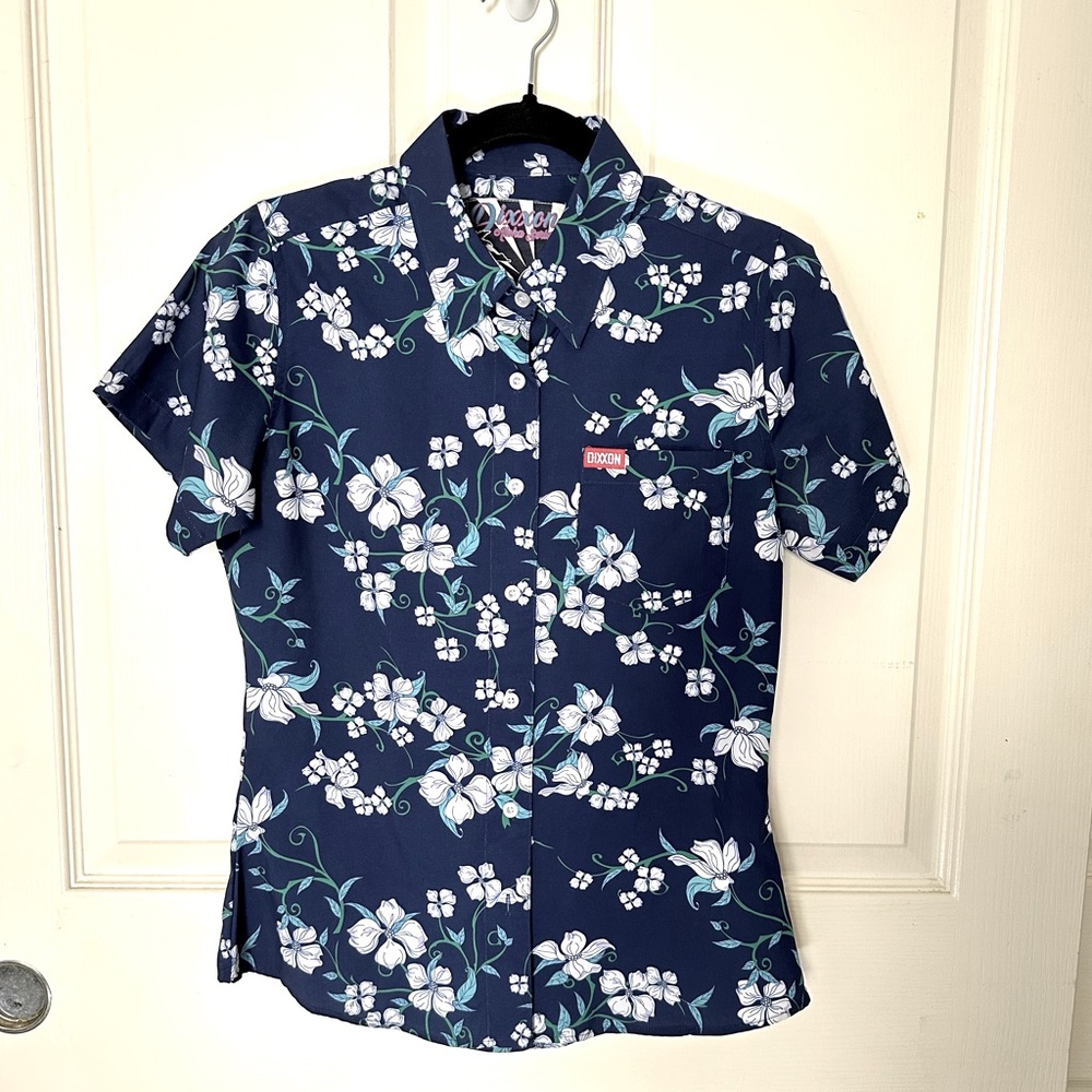 DIXXON Aloha Series Ladies Navy Blue & White Party Shirt Small